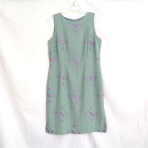 Dress Barn Sage Green Linen Blend Dress Size 10 Purple Flowers Midi Sleeveless